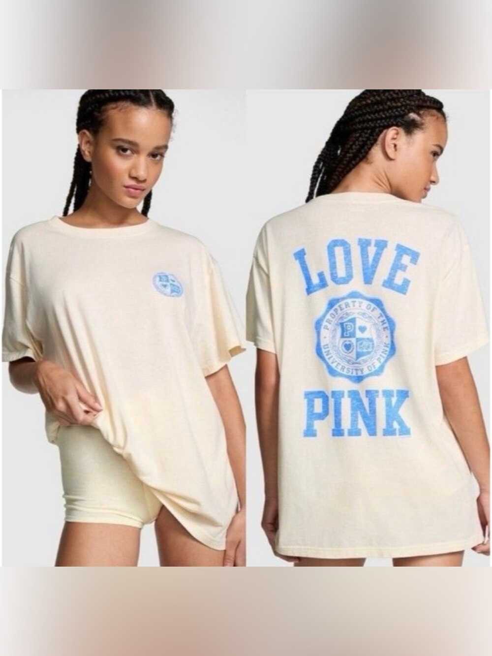 PINK Victoria's Secret Cream Oversized 'LOVE PINK' Tee with Blue Print